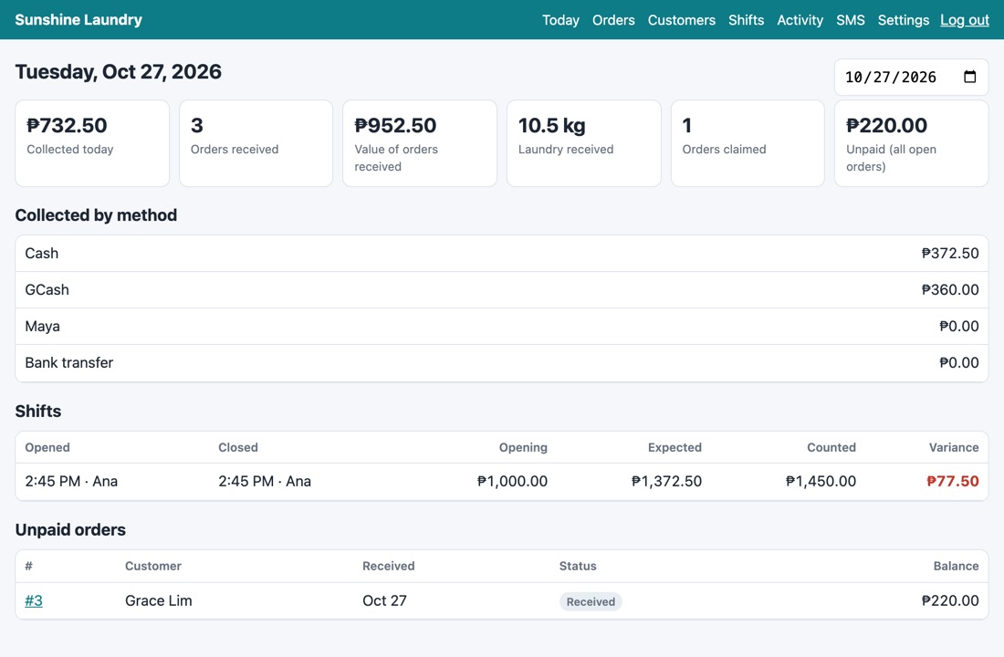 Owner daily report: money collected, orders, kilos and shifts