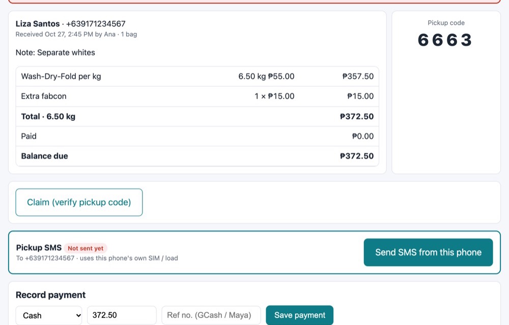 Order page with pickup code, balance due and SMS button