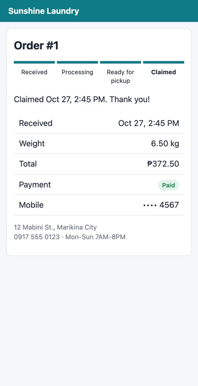 Customer tracking page on a phone